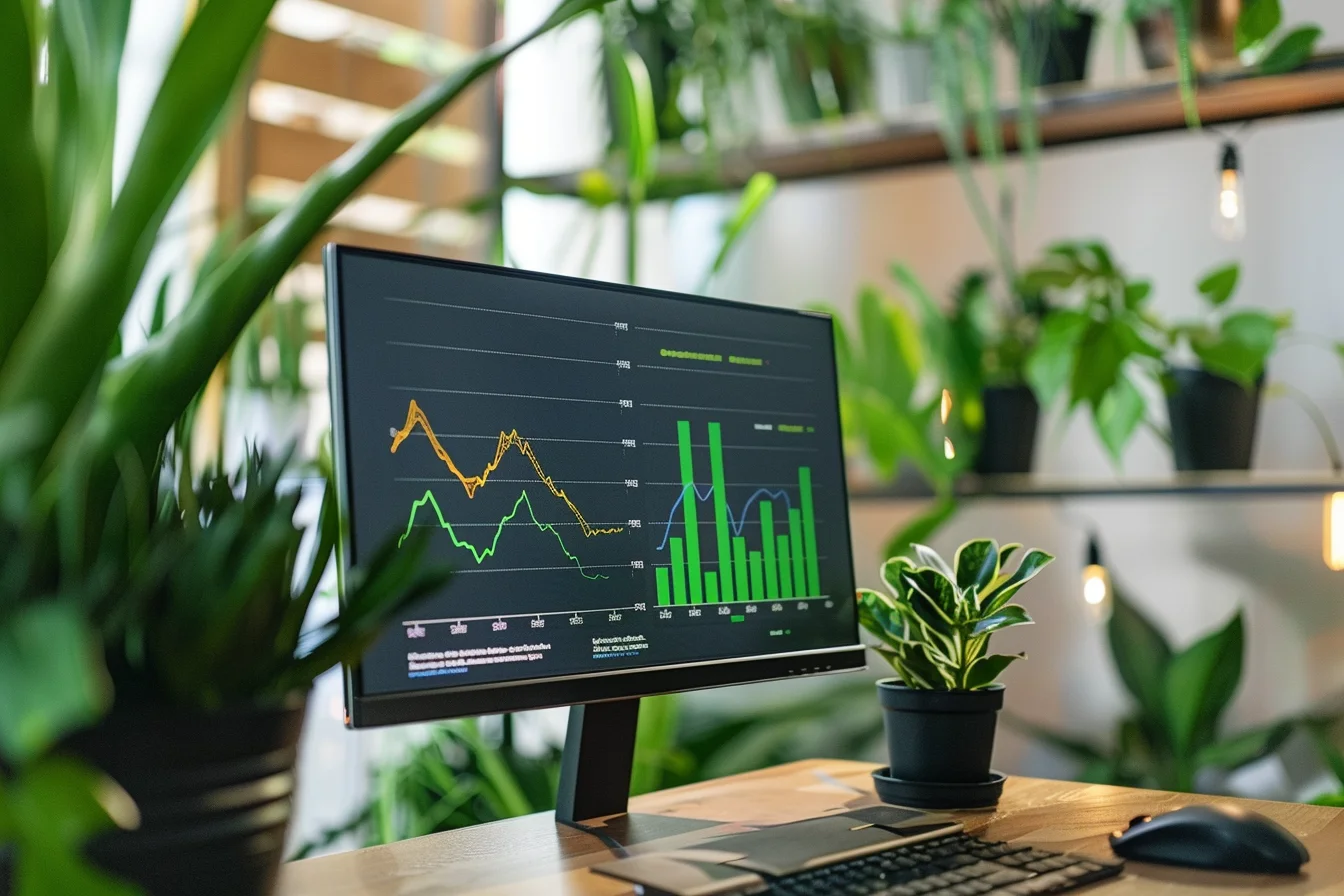 Graph on Laptop behind plants